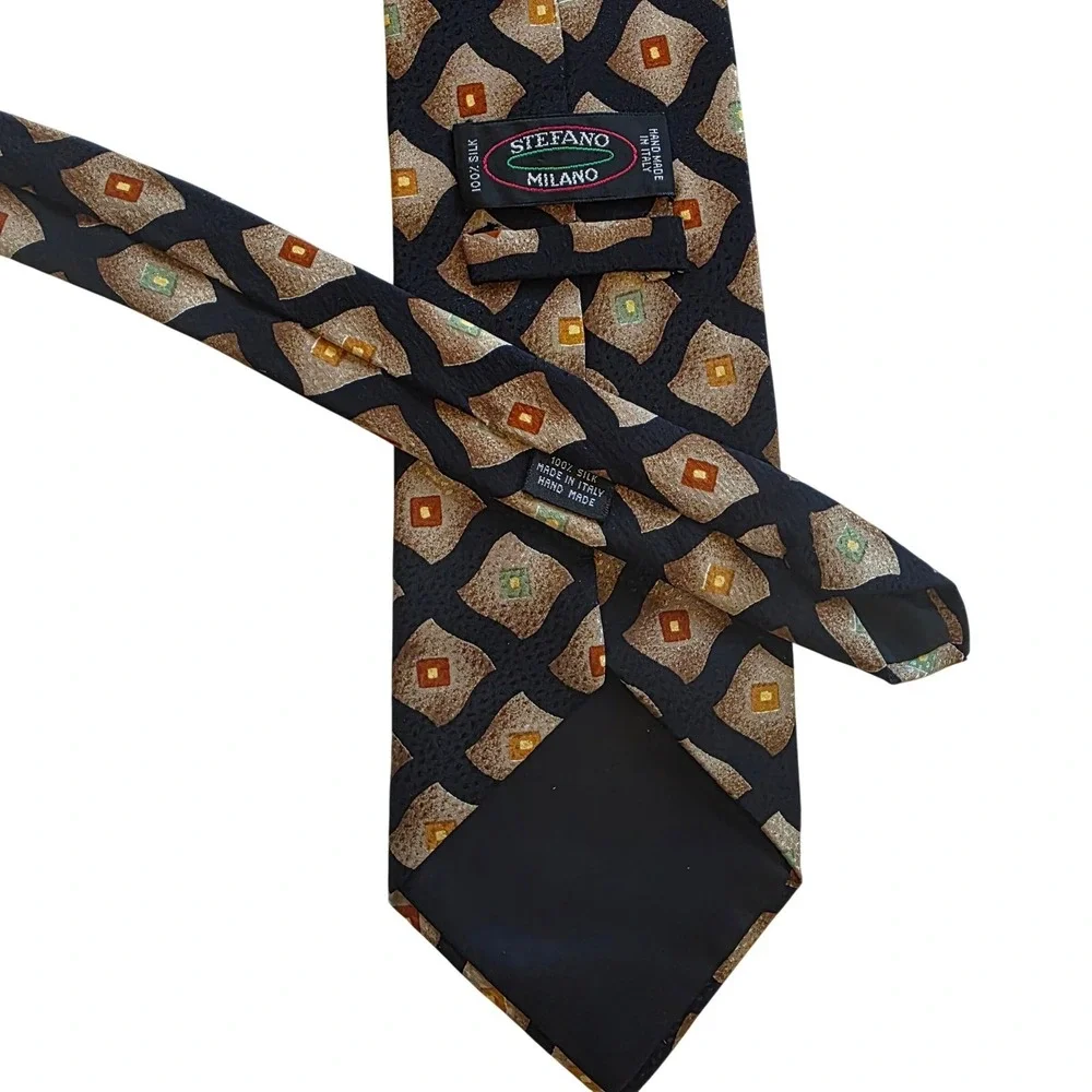 Stefano Milano Men's Silk Tie Black Geometric‎ Pattern Hand Made Italy
